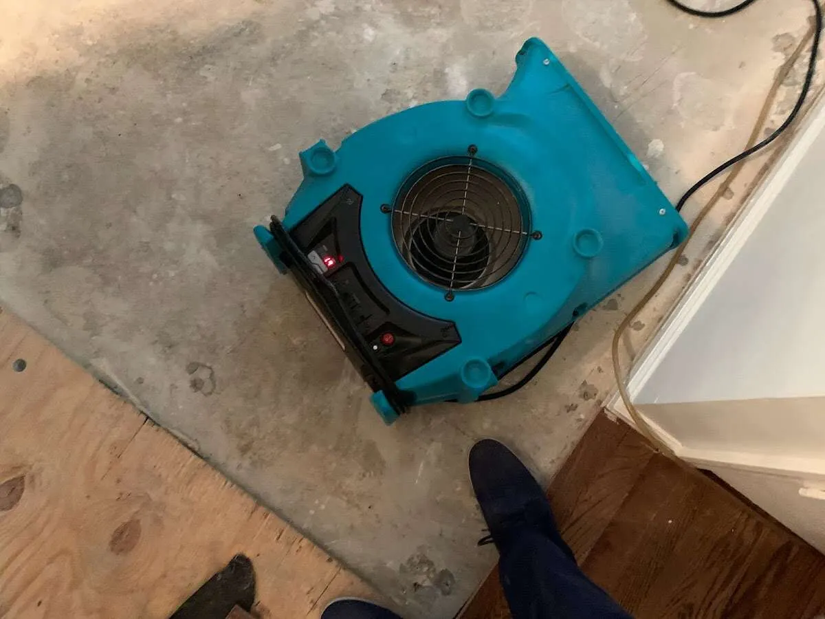 Air mover drying subfloor during Leak Detection & Repair in South Houston